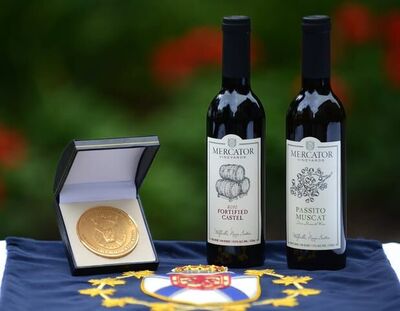 Mercator Vineyard's 2010 Fortified Castel and Passito Muscat shown with 2021 Lieutenant Governor's Award for Excellence in No